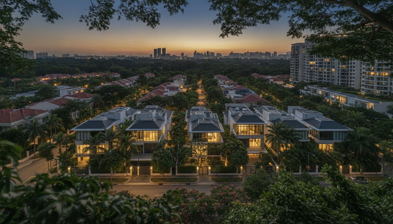 Dusk aerial view of an elegant Singapore residential neighbourhood