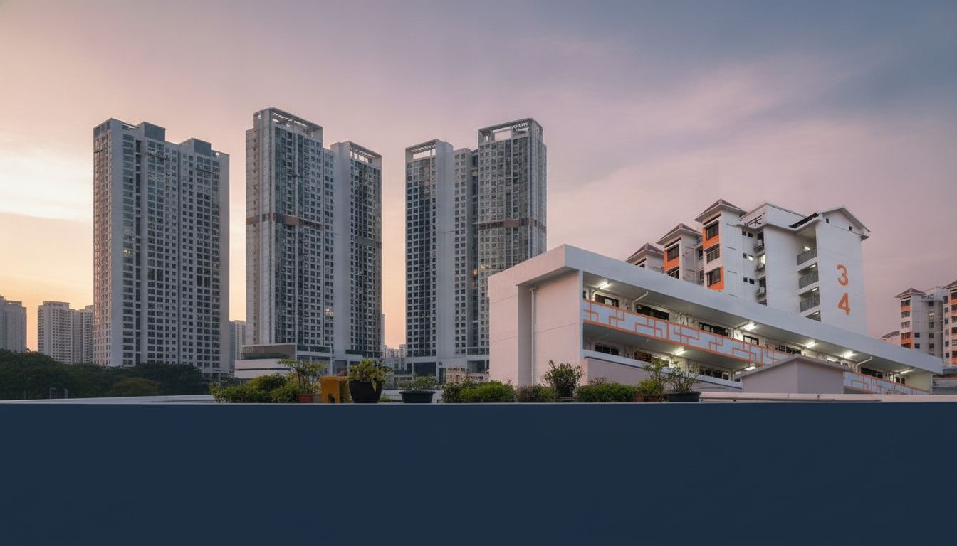 Singapore residential cityscape at golden hour with HDB and condominium architecture